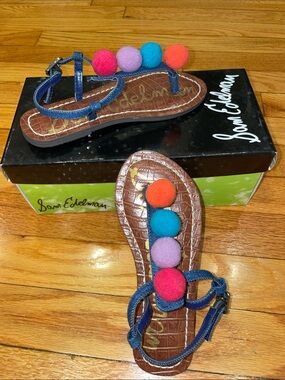 Sam Edelman Little Girls Pom-Pom Denim Sandals - Pink, Purple, Blue, Orange